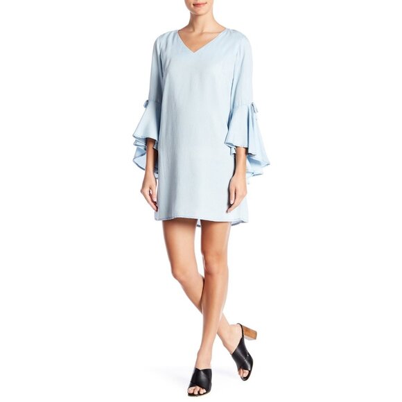 Light Blue Challis V-Neck Bell Sleeve Shift Dress Size 22W 3X Plus Size Fall - Picture 1 of 9